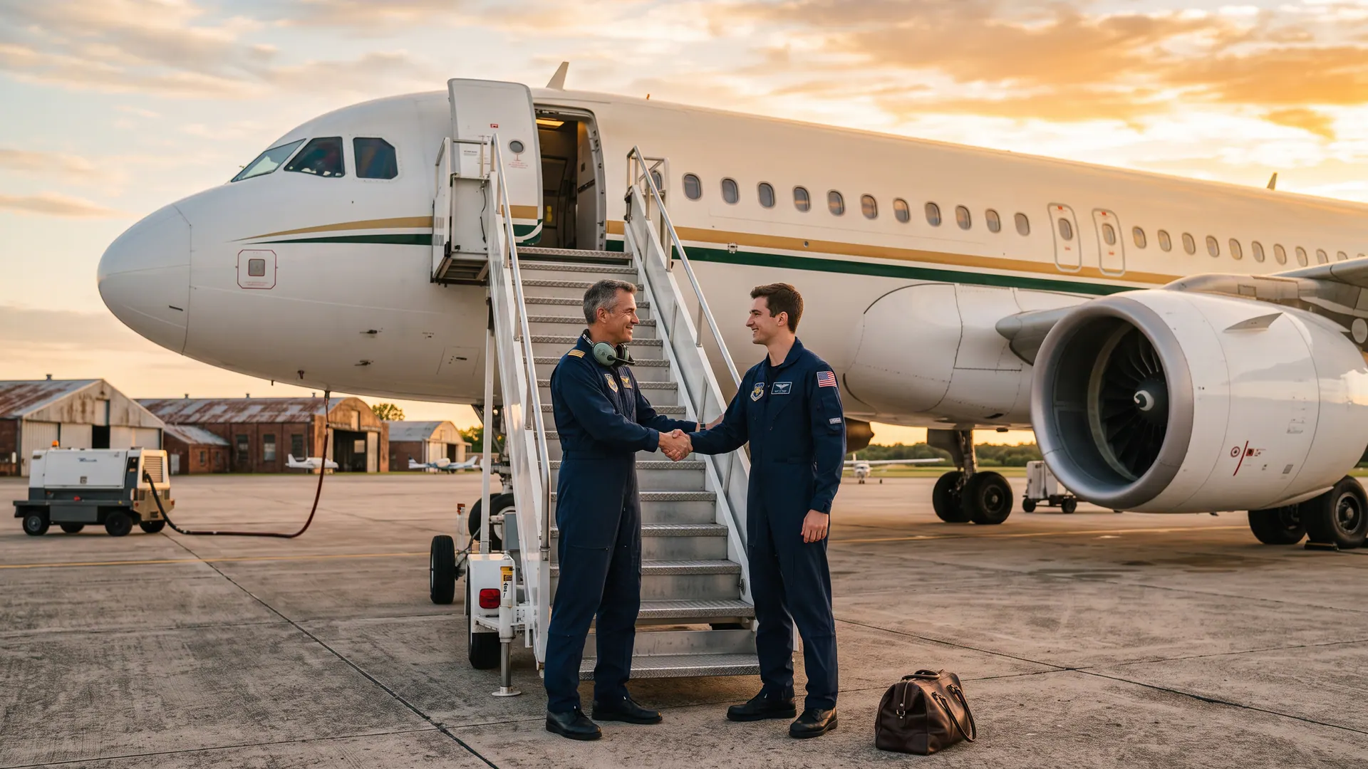 Illustration de deux pilotes se serrant la main au pied d’un avion.